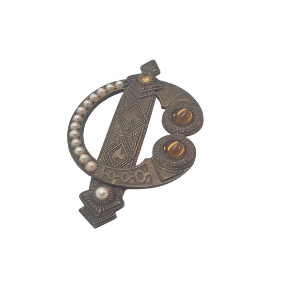Vintage Victorian Revival Brass Brooch Faux Pearl Amber Glass Cabochons Celtic - Picture 2 of 11